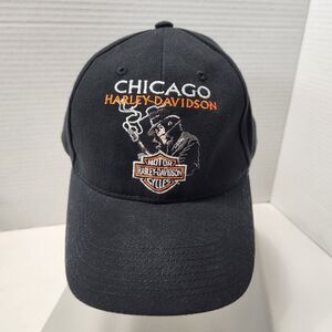 Vtg Harley Davidson Motorcycles CHICAGO Hat Baseball Cap Black Gangster